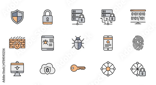 A collection of simple, colorful icons representing digital security and cybersecurity concepts. Includes shields, locks, servers, malware, smartphones, binary code, and a fingerprint