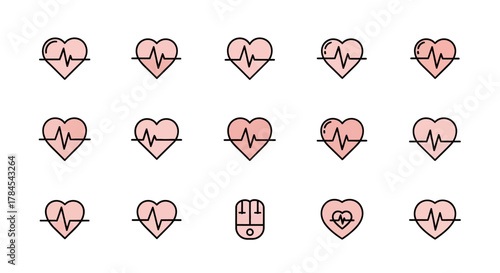 A series of heart icons in various styles, each displaying an EKG. Some feature a simple line, others, an encompassing shape. Includes blood pressure cuff and a heart within a heart