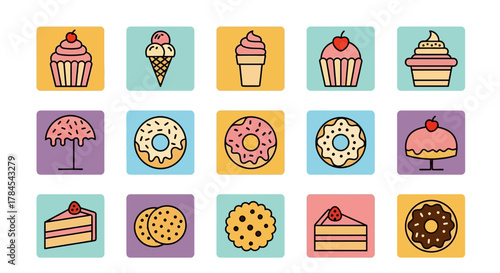 Colorful, flat-design icons featuring various desserts, including cupcakes, ice cream, donuts, cookies, and cake slices, each within a square on a different color background