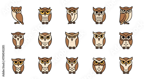 A collection of fifteen cartoon owls, each with unique expressions and poses. Presented in a row of three and then a row of two. Varied colors and patterns. The owls are hand drawn