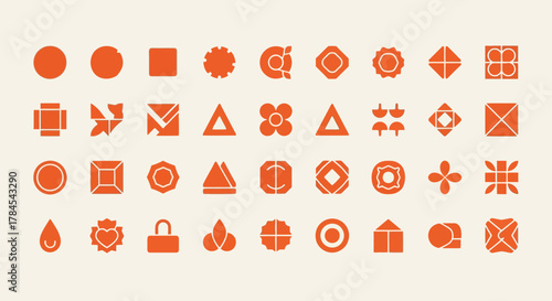 A grid of orange geometric shapes on a cream background, including circles, squares, triangles, and abstract designs.  Various floral and abstract shapes are present