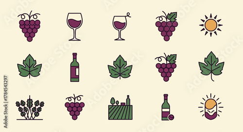 A collection of vector illustrations featuring wine-related icons. Grapes, wine glasses, bottles, leaves, vineyards and sun icons are displayed, creating a theme of viticulture and winemaking