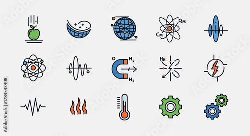 A collection of colorful, flat-style icons relating to science and technology, featuring illustrations of atoms, waves, gears, and other scientific concepts. A simplified aesthetic