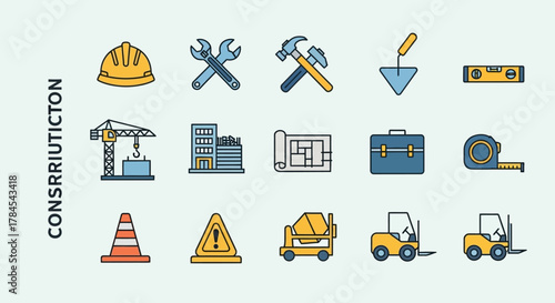 A vector illustration depicts a construction theme, featuring a collection of tools, safety equipment, and machinery, alongside construction site elements. The icons have a uniform style