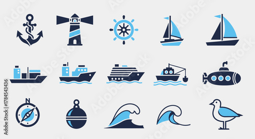 Collection of stylized maritime icons in blue and dark blue, showcasing various water vessels and coastal elements, including boats, waves, a lighthouse, and a seagull