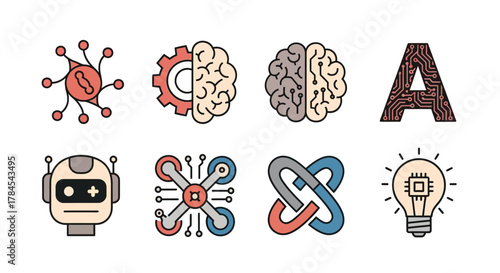 A collection of eight colorful flat-style icons representing concepts such as technology, AI, innovation, and interconnected systems. The icons include a brain, robot, and lightbulb
