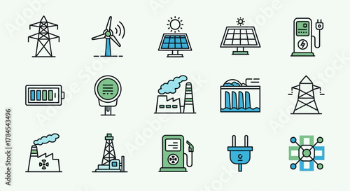 A collection of stylized icons showcasing various energy sources and infrastructure elements in a clean, colorful style. Includes renewable and non-renewable energy symbols