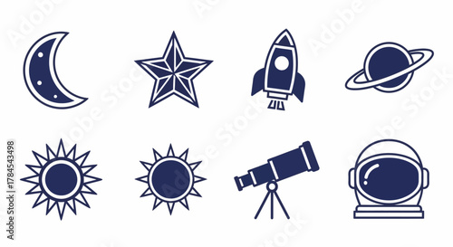 Dark blue space-themed vector illustration. Includes a crescent moon, star, rocket, Saturn, sun, telescope, and astronaut helmet on a white background. All are simple outlined icons