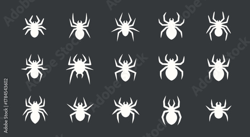 A dark background displays a pattern of simplified white spider silhouettes in three rows of five. Each spider has a stylized body and eight legs
