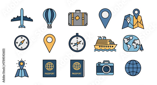 A set of colorful travel-themed icons, depicting plane, balloon, suitcase, location pins, compasses, map, cruise ship, globe, passport, camera. Simple graphic design