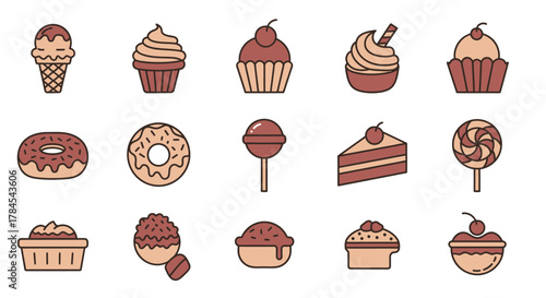 A flat design collection of sweets with varying shapes, toppings, and colors, including ice cream, cupcakes, donuts, lollipops, cake slices, and desserts. The palette is a mix of brown and beige
