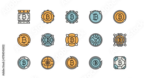 A collection of stylized digital currency icons arranged on a white background. Each features the "B" symbol, in various designs and colors. Some appear to be cryptocurrency related