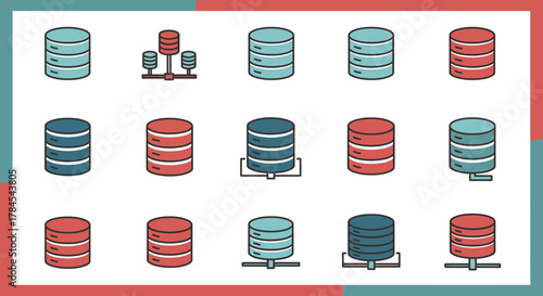 Vector illustration of database server icons in various colors and styles, arranged on a background with a red border. Contains a variety of server illustrations