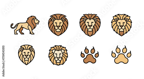 A collection of stylized lion illustrations. Includes a full body lion, various lion head icons, and paw prints, all in a flat, geometric design with a limited color palette