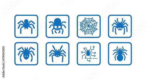 Eight blue, stylized spider icons encased in square boxes. Varied designs showcase arachnid forms and a circuit board web, offering a blend of nature and technology. White background