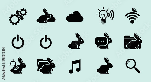 A collection of black icons, including gears, rabbits, a cloud, lightbulb, WiFi, power buttons, chat bubbles, folders, a note, and a magnifying glass, set against a light blue background