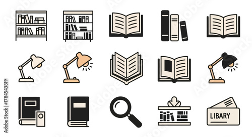 A collection of simple, illustrated icons featuring bookshelves, opened books, desk lamps, magnifying glass, and library cards, all rendered in a clean, minimalist style with a warm color palette