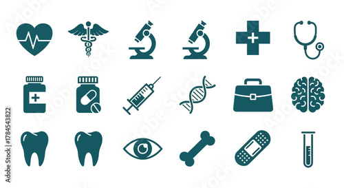 A collection of teal medical icons, including heart, caduceus, microscopes, cross, stethoscope, pill bottles, syringe, DNA, brain, teeth, eye, bone, bandage, and test tube