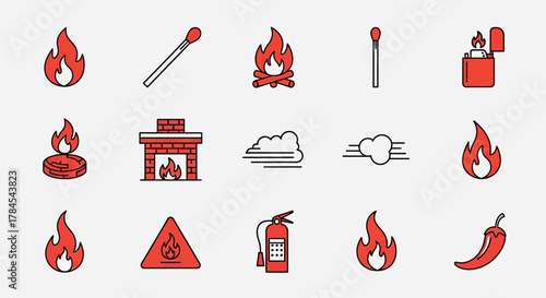 A collection of simple red-themed icons related to fire and heat, featuring flames, matches, a fireplace, and warning symbols. Includes a fire extinguisher and a chili pepper