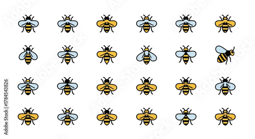 A grid of stylized bees in various poses and wing colors on a white background. The symmetrical arrangement features repeating designs, with some bees angled, creating a clean pattern