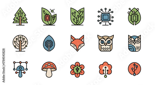 A set of colorful, vector illustrations combining nature elements (leaves, trees, animals) with technological components (circuits, chips). The style is clean, modern, and stylized