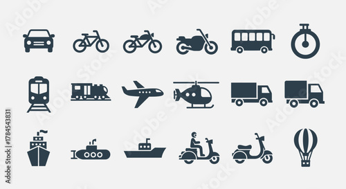A collection of simple, monochromatic icons representing various modes of transport, including land, air, and sea vehicles. Stopwatch, too. Ideal for design elements or UI/UX applications