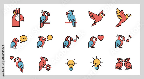 A set of colorful, vector-style parrot icons in various poses, including talking, flying, with musical notes, hearts, gears, and lightbulbs, on a plain background