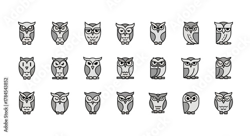 A collection of 18 stylized owl illustrations with varying expressions. The owls feature simple shapes and monochrome colors grays, black, and white. Some perched. Some sleepy. All expressive
