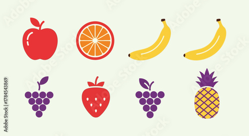 A collection of stylized fruits, including an apple, orange slice, bananas, grapes, strawberry, and pineapple, arranged symmetrically on a light background