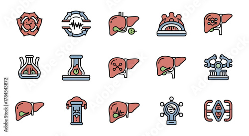 A series of stylized medical or biological icons. Depictions include organs, circular designs, and lab equipment. Color palette consists of red, green, blue, and black outlines