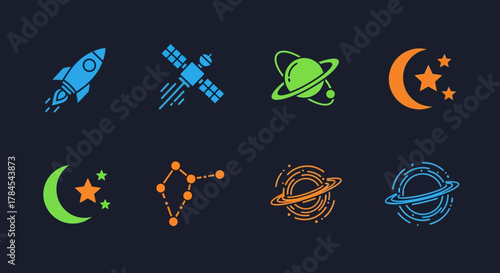 A dark blue background hosts a collection of colorful stylized celestial icons. A rocket, satellite, planet with rings, moon and stars, constellation and a futuristic ringed sphere are depicted