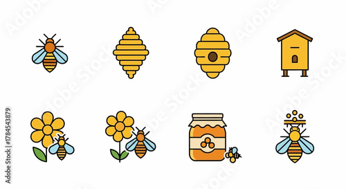 Colorful vector illustration of honey-related icons. Depicted are bees, hives, flowers, and jars of honey, all in a flat, cartoon-like style, arranged on a white background