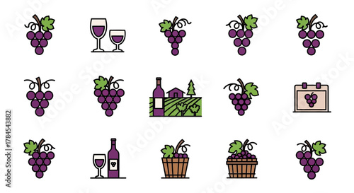 Set of colorful flat-style icons featuring grapes, wine glasses, bottles, a vineyard, and a basket, suitable for design and illustration