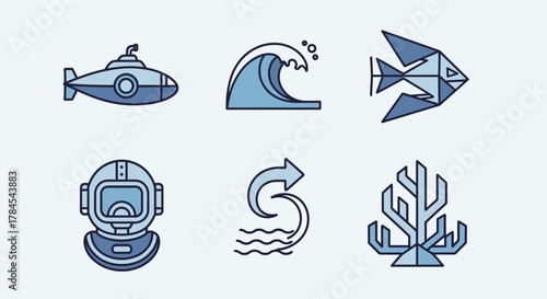 Vector illustrations of ocean elements, including a submarine, wave, fish, diving helmet, water current symbol, and coral. Geometric style, blue color palette, on a light background