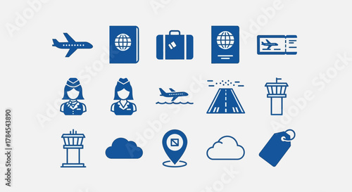 A collection of blue icons related to air travel, including airplanes, passports, flight attendants, and airport infrastructure elements. Representing various aspects of journeys