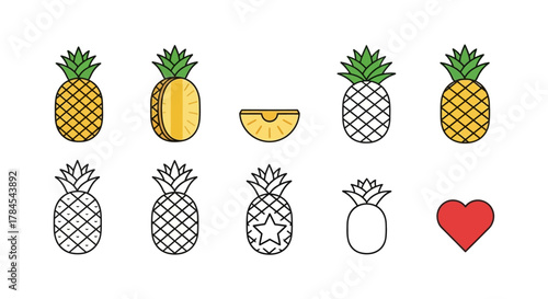 Colorful, illustrated pineapples in different forms and styles, along with a red heart, arranged on a white backdrop. Variations range from full color to outlines