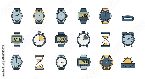 A collection of stylized timekeeping devices, including various wristwatches, digital watches, an hourglass, a sundial, alarm clocks, and a sunrise icon. The style is simplistic with colored outlines