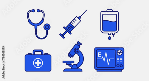 A flat design collection of blue medical icons stethoscope, syringe, IV bag, first aid kit, microscope, and an EKG monitor.  The icons are outlined in dark blue on a light grey background