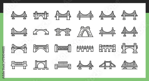 Obraz na płótnie A collection of simple, black and white bridge icons, rendered in a line-art style