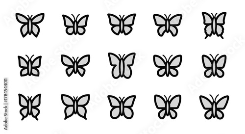 A collection of fifteen stylized butterfly illustrations in a grid layout. Each butterfly has gray wings with a black outline, and a simplified antenna and body. The background is white