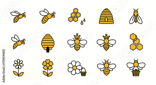 A set of cartoon-style illustrations featuring bees, honeycombs, flowers, and beehives. The elements have a yellow and black color palette with a clean, vector-style design
