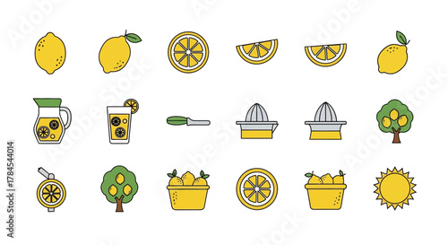 A collection of simple, stylized illustrations showcasing lemons, lemon slices, juice, a tree, juicer, and related items. Includes sunshine