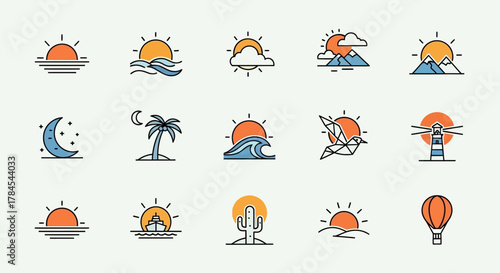 A collection of vibrant vector icons, featuring a variety of landscapes and nature-inspired scenes. Including suns, waves, mountains, and celestial bodies