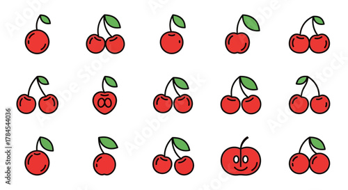 A collection of stylized cherry illustrations in a flat design style. The cherries are red with green leaves and black outlines, some are single and others are in pairs, and one has a face
