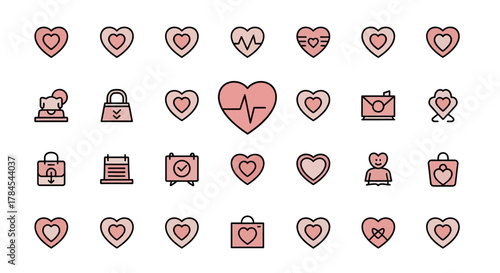 A collection of heart-themed icons in various styles, colors, and shapes, including heartbeats, bags, envelopes, and more. A few designs feature human elements