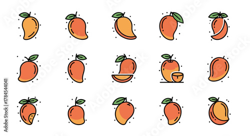 A collection of stylized mango illustrations. Showcasing different perspectives, slices, and arrangements, each with a stem and leaf, accented with black outlines and dotted elements