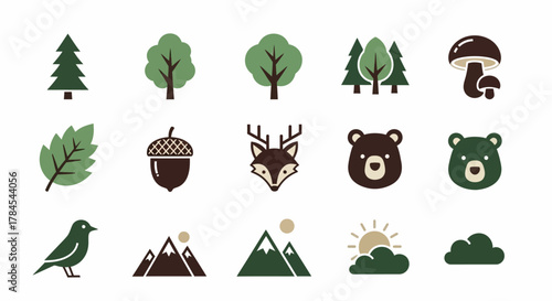 A flat design collection of stylized natural elements and woodland creatures, including trees, a leaf, animals, mountains, sun, mushroom, and cloud, set against a white background
