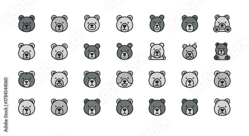 A grid arrangement of cartoon bear faces in varying shades of gray, each displaying slight differences in expression and detail, like paws or open mouth