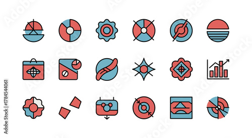 Colorful, geometric icons with a flat design style, presented in a grid. Each icon contains basic shapes, like circles, squares, and lines, with a consistent color palette