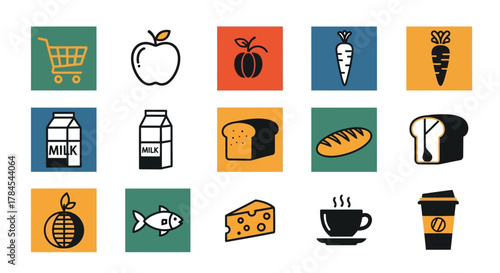 A collection of stylized, minimalist icons depicting food and grocery items on colored backgrounds. Includes fruits, vegetables, dairy, baked goods, beverages, and seafood